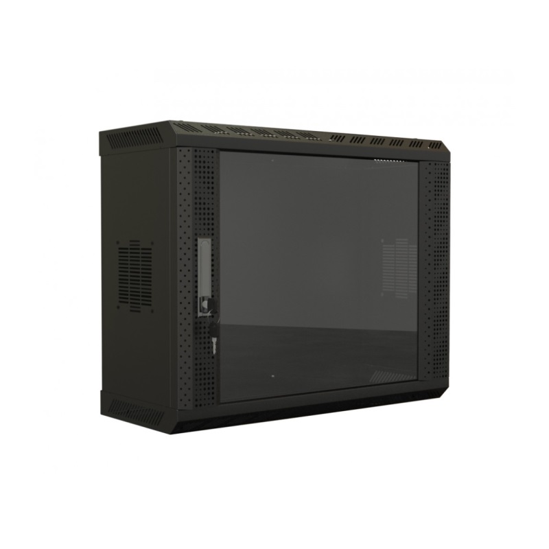 Шкаф настенный 19-дюймовый (19"), 6U, 367х600х250, со стеклянной дверью, несъемные боковые панели, цвет черный (RAL 9004) (собранный)