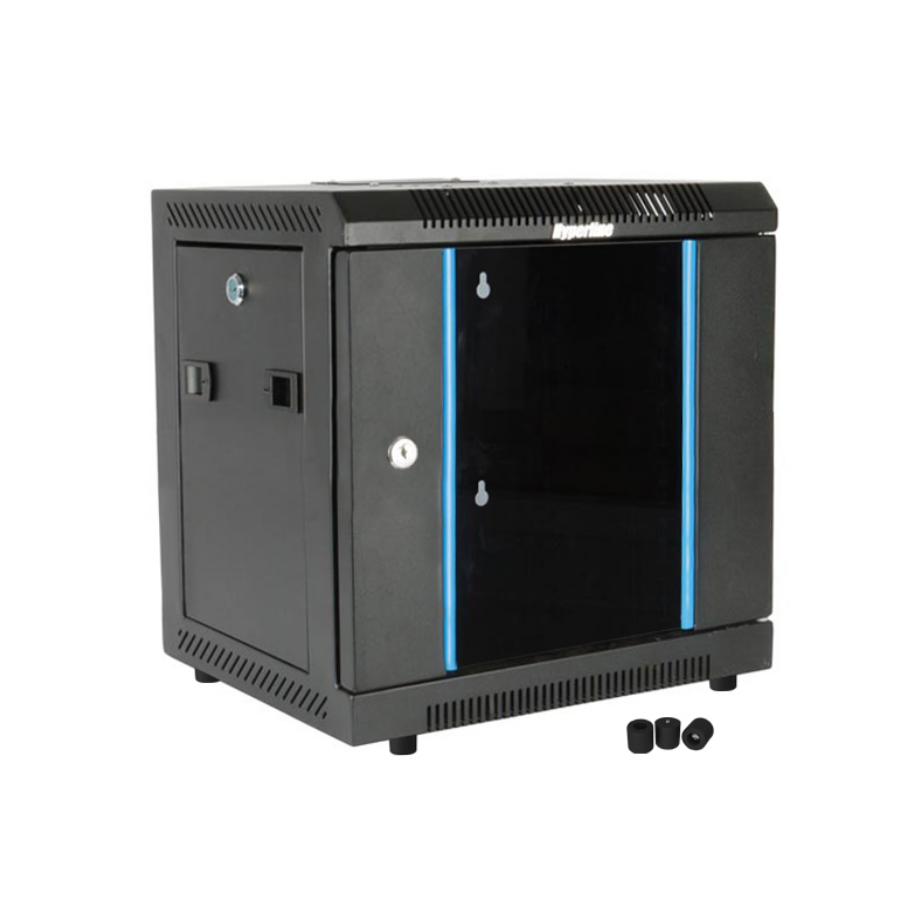 Шкаф настенный 10'', 15U, 740х370х300, уст. размер 254 мм, со стеклянной дверью, открывающиеся стенки, возможность установки вентилятора, цвет черный 