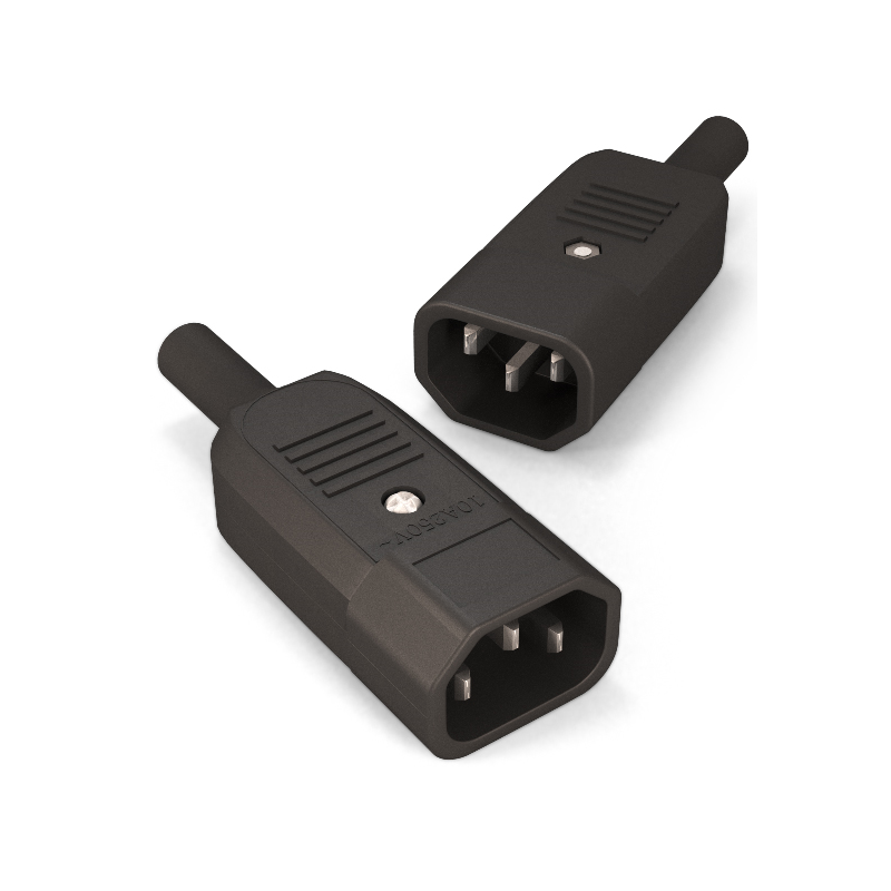 Разъем IEC 60320 C14 220В 10A на кабель (плоские выступающие штыревые контакты в пластиковом обрамлении), прямой