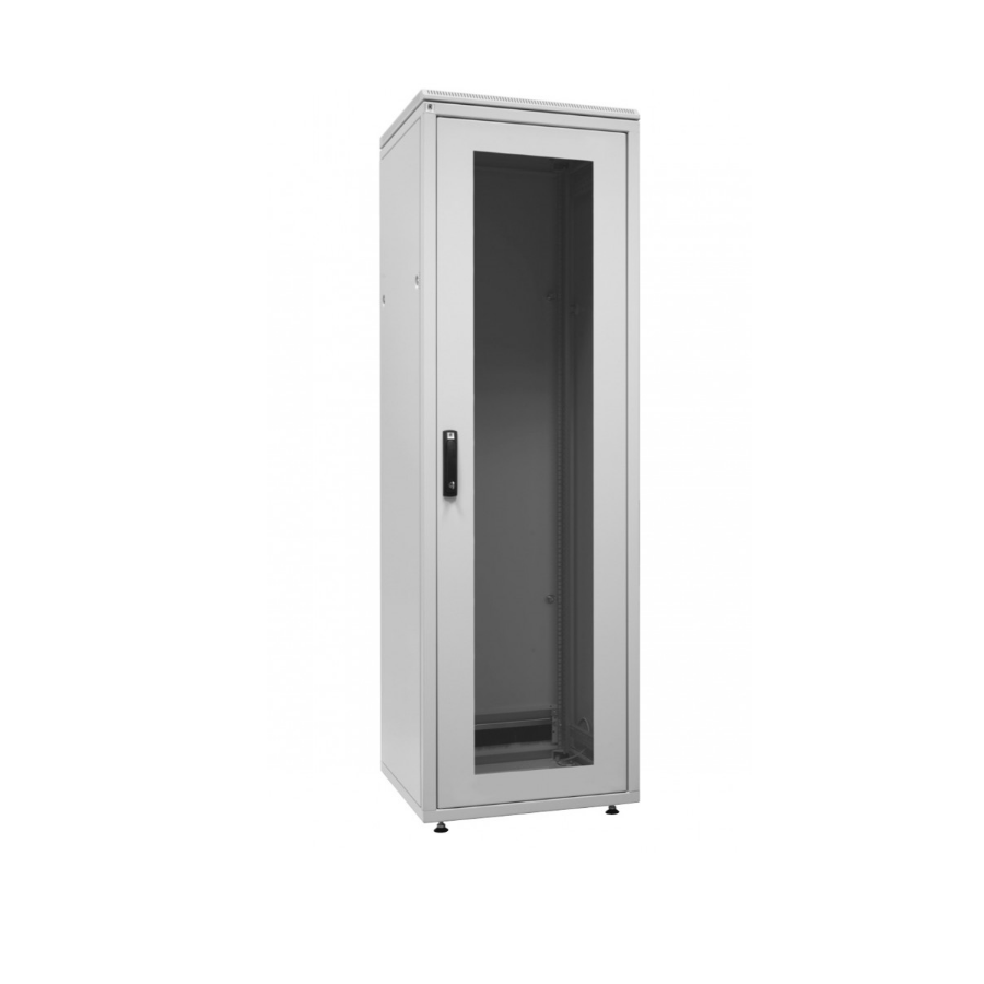 Шкаф напольный 19", SZBD, 38U, 1785x600х800мм (ВхШхГ), стеклянная дверь в стальной раме, ручка с замком с трехточечной фиксацией, цвет серый (RAL 703