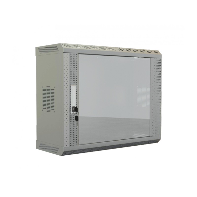 Шкаф настенный 19-дюймовый (19"), 15U, 740х600х250, со стеклянной дверью, несъемные боковые панели, цвет серый (RAL 7035) (собранный)