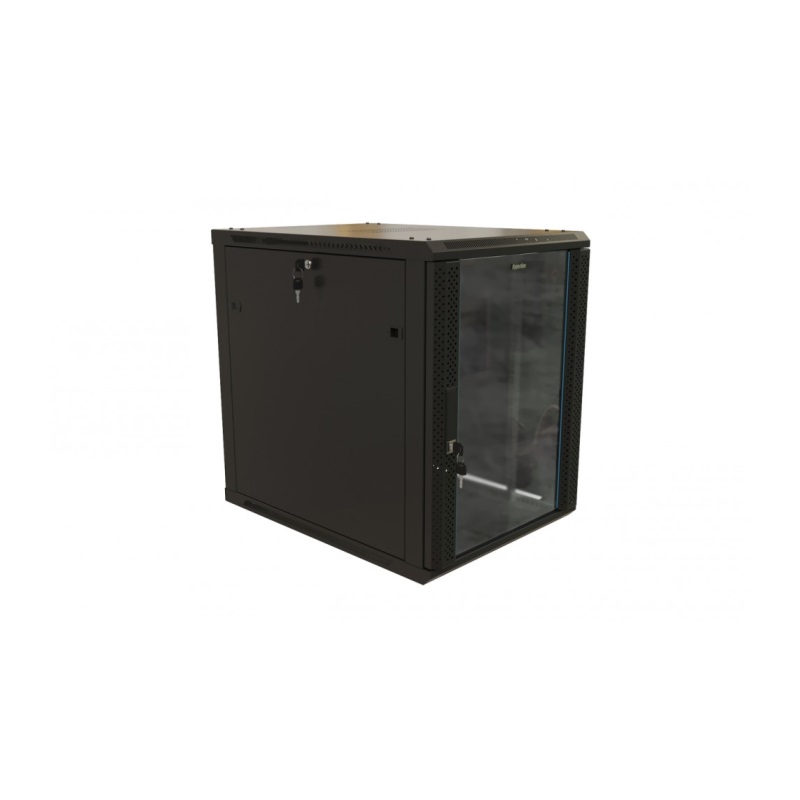 Шкаф настенный 19-дюймовый (19"), 27U, 1304x600х800мм, стеклянная дверь с перфорацией по бокам, ручка с замком, цвет черный (RAL 9004) (разобранный)