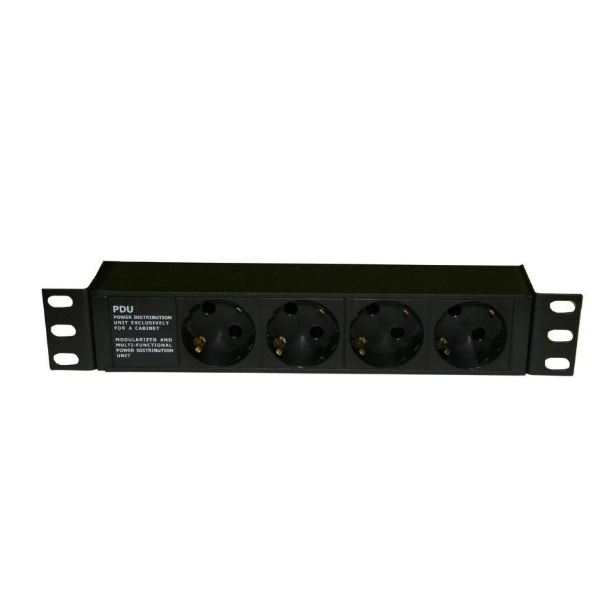 Блок розеток для 10" шкафов, горизонтальный, 4 розетки Schuko (10А), 250В, без кабеля питания, входная розетка IEC 60320 C14, 254х44.4х44.4мм (ШхВхГ)