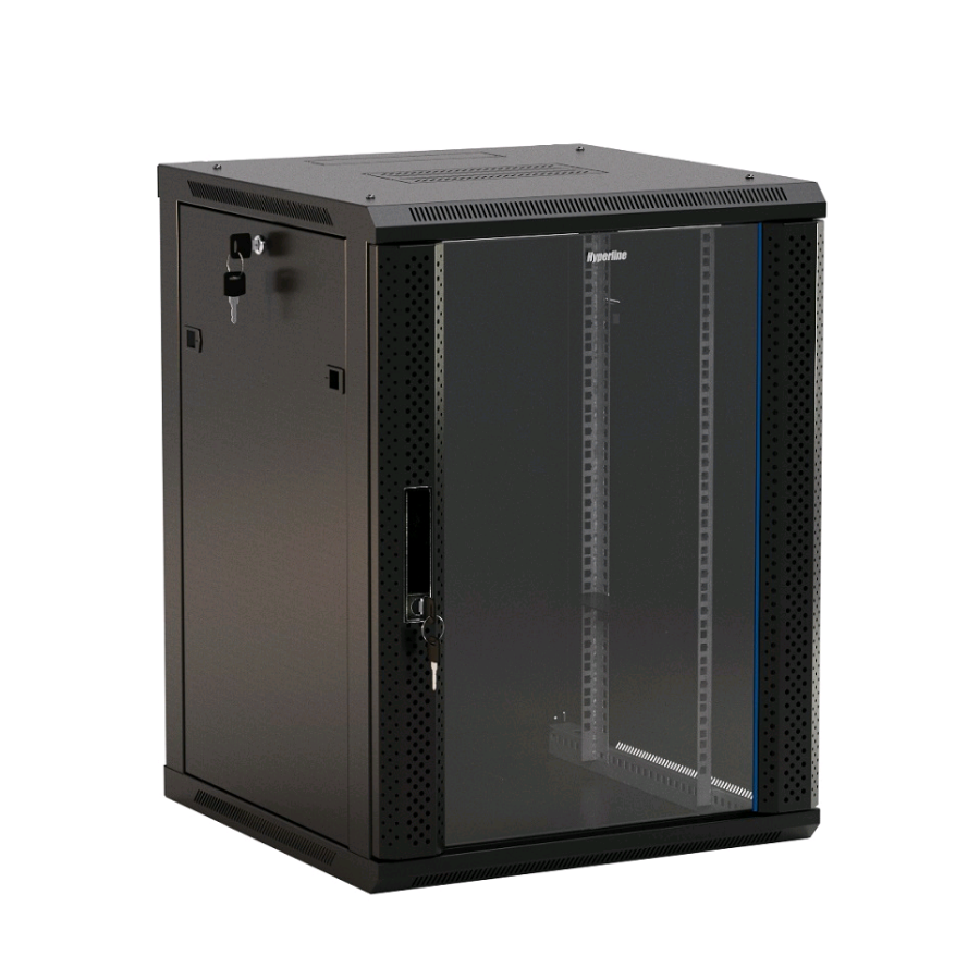 Шкаф настенный 19-дюймовый (19"), 4U, 278x600х450мм, стеклянная дверь с перфорацией по бокам, ручка с замком, цвет черный (RAL 9004) (разобранный)