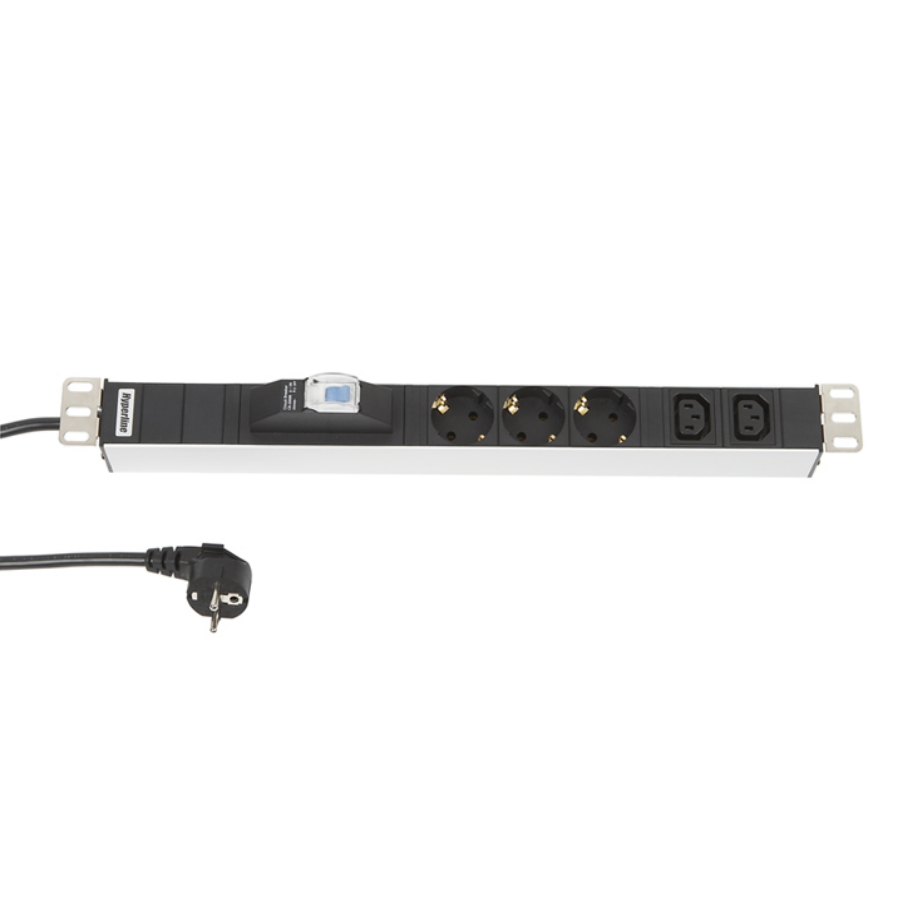 Блок розеток 19",с автоматическим выключателем, 3 x Schuko (16A) + 2 x IEC 320 C13 (16A), кабель питания 2.5 м с вилкой Schuko