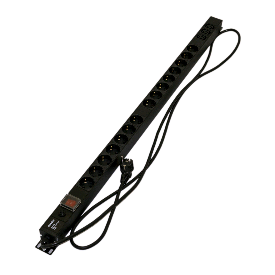 Блок розеток, 15 розеток Schuko+3хIEC320 C13, 16 A, 250В, с выключателем, защита от перенапряжения, кабель питания 3х1.5мм2, длина 2.5 м