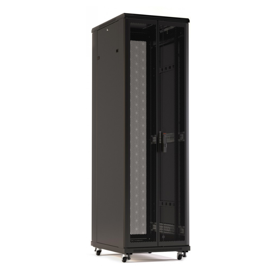 Шкаф напольный 19-дюймовый, 42U, 2055x800х800 мм (ВхШхГ), передняя и задняя распашные перфорированные двери (75%), ручка с замком, цвет черный