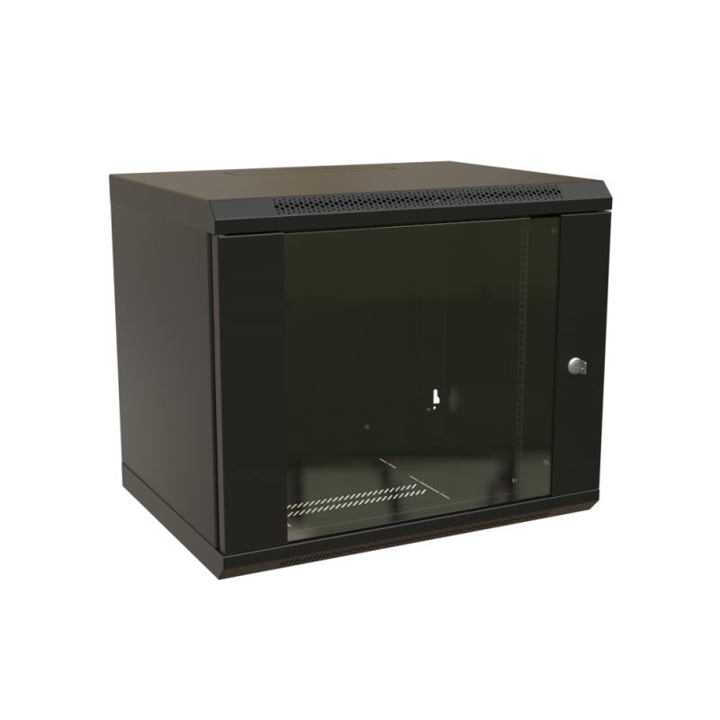 Шкаф настенный 19-дюймовый (19"), 12U, 650x600х600мм, стеклянная дверь с перфорацией по бокам, ручка с замком, цвет черный (RAL 9004) (разобранный)