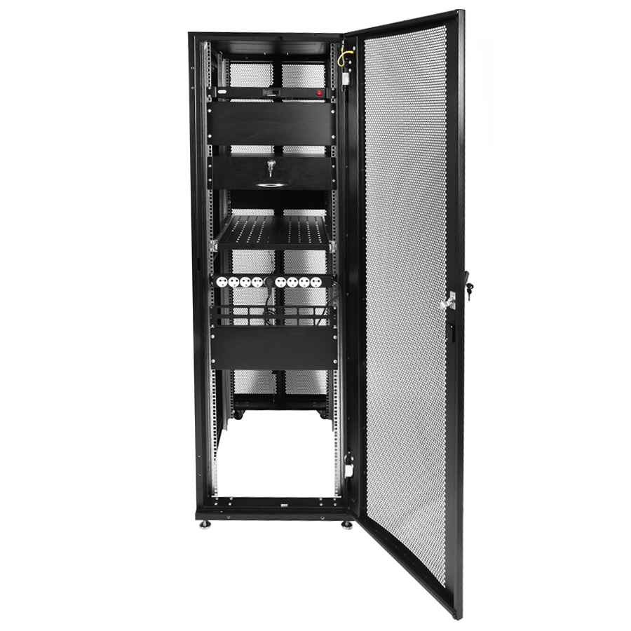 Шкаф серверный ПРОФ напольный 48U (600x1000) дверь перфор., задние двойные перфор., черный, в сборе
