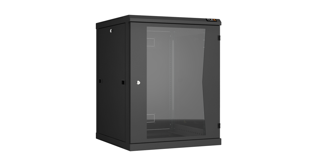 Настенный разборный шкаф TLK 19", 15U, стеклянная дверь, Ш600хВ770хГ600мм, 2 пары монтажных направляющих, черный