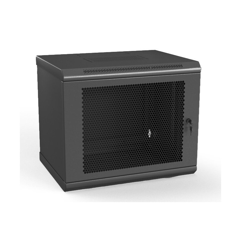 Шкаф настенный 19-дюймовый (19"), 12U, 650x600х300мм, металлическая перфорированная дверь, несъемные стенки, 1 пара профилей, цвет черный (RAL 9004) (