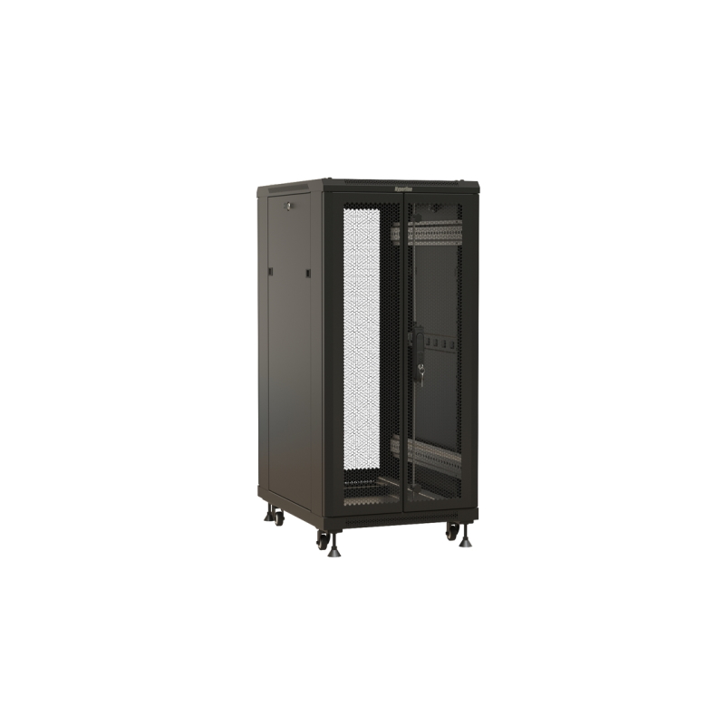 Шкаф напольный 19-дюймовый, 18U, 988x600х800 мм (ВхШхГ), передняя и задняя распашные перфорированные двери (75%), ручка с замком, цвет черный (RAL 900