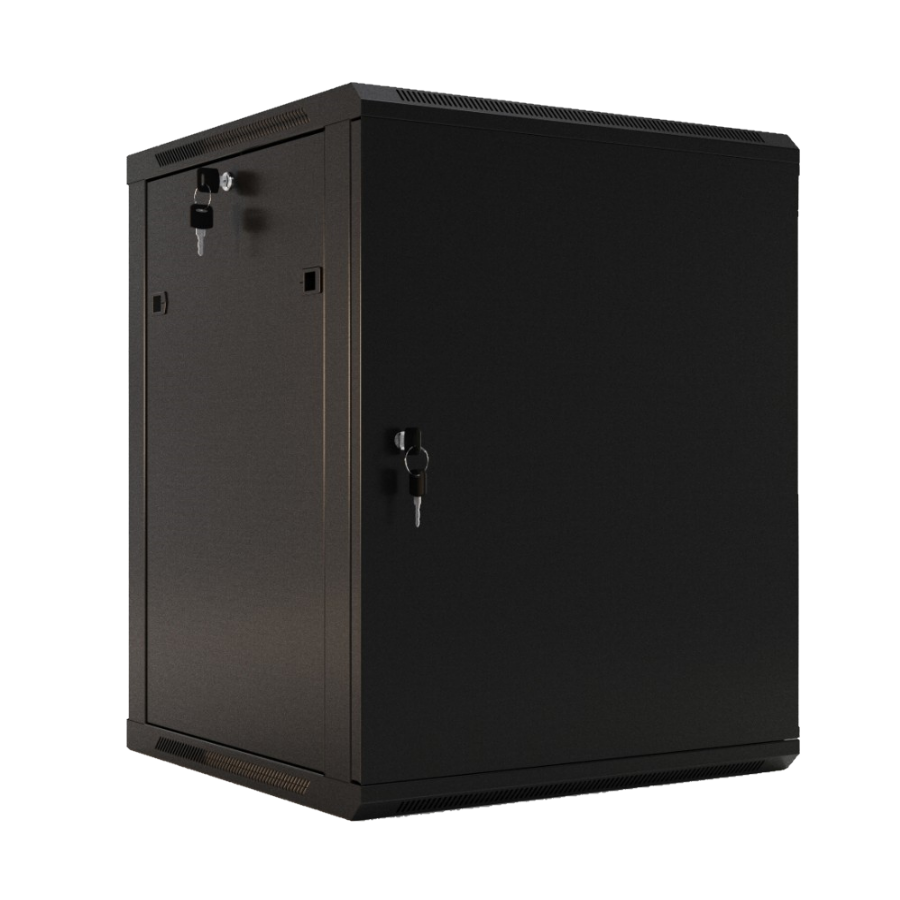 Шкаф настенный 19-дюймовый (19"), 15U, 775x600х450мм, металлическая передняя дверь с замком, две боковые панели, цвет черный (RAL 9004) (разобранный)