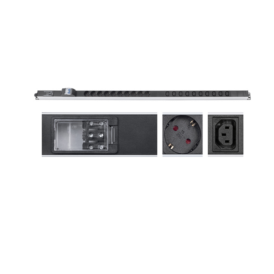 Блок розеток для 19" шкафов, вертикальный, 10 розеток Schuko, 10 розеток IEC 320 C13, 16А, автомат защиты, алюминиевый кор