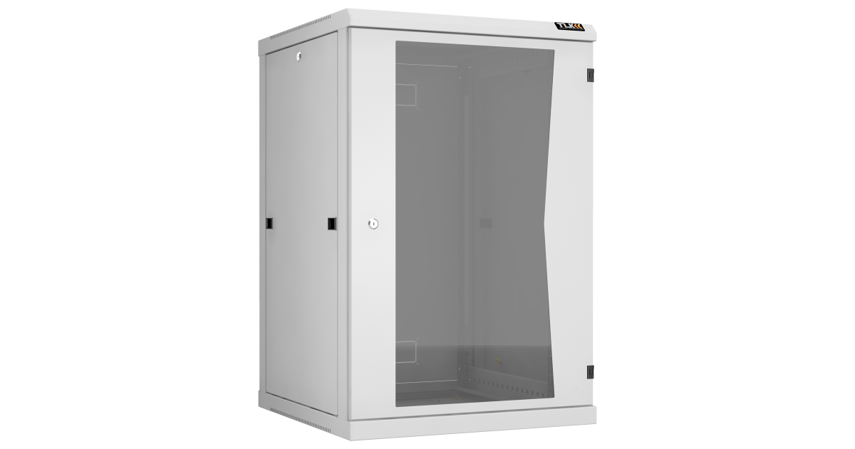 Настенный разборный шкаф TLK 19", 18U, стеклянная дверь, Ш600хВ904хГ600мм, 2 пары монтажных направляющих, серый