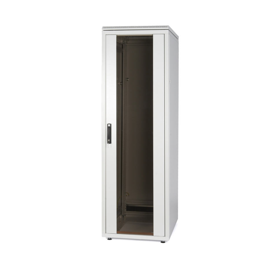 Шкаф напольный 19", SZBD, 28U, 1341x600х600мм (ВхШхГ), стеклянная дверь c металлическими вставками, ручка с замком с трехточечной фиксацией, цвет серы